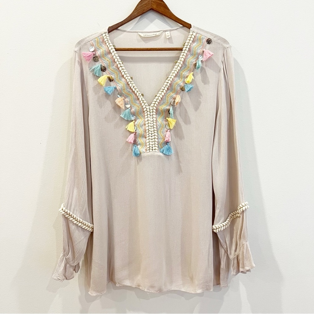 Soft Surroundings Clementine Top Large Tassels Boho Coastal Flowy Resort Tunic